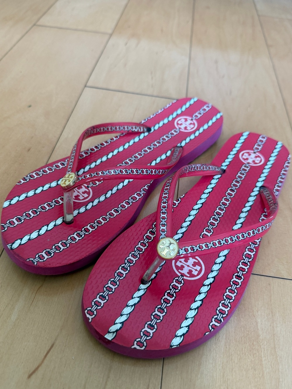 Tory Burch Red with Gold Logo Flip Flop Sandals - Size 8